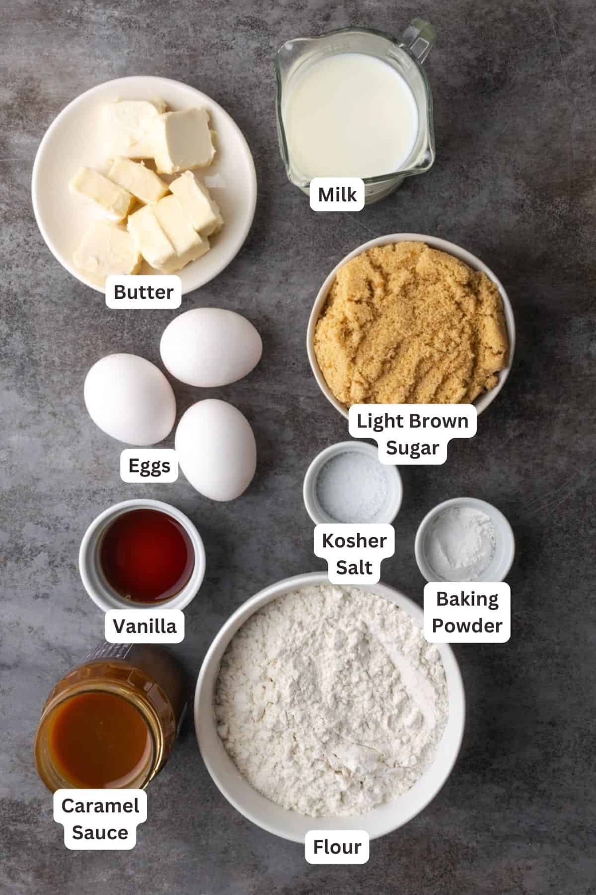 Moist vanilla cake soaked in caramel, topped with cream cheese frosting. This simple poke cake recipe is quick and easy, and so delicious! Ingredients for Easy Caramel Cake.