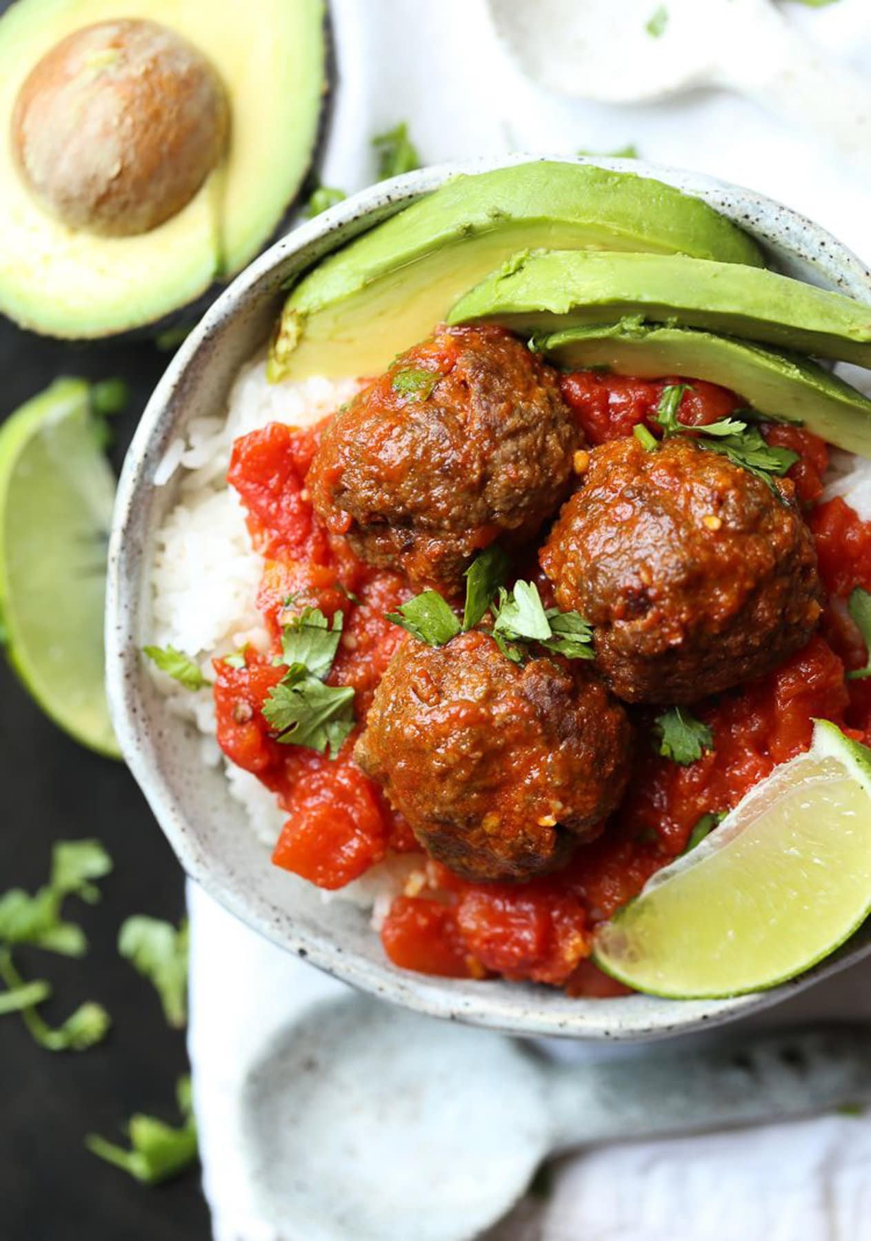 Chipotle meatballs in a rice bowl
