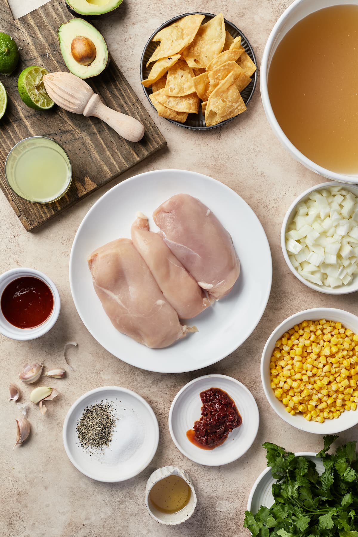 The ingredients for Mexican chipotle lime chicken soup.