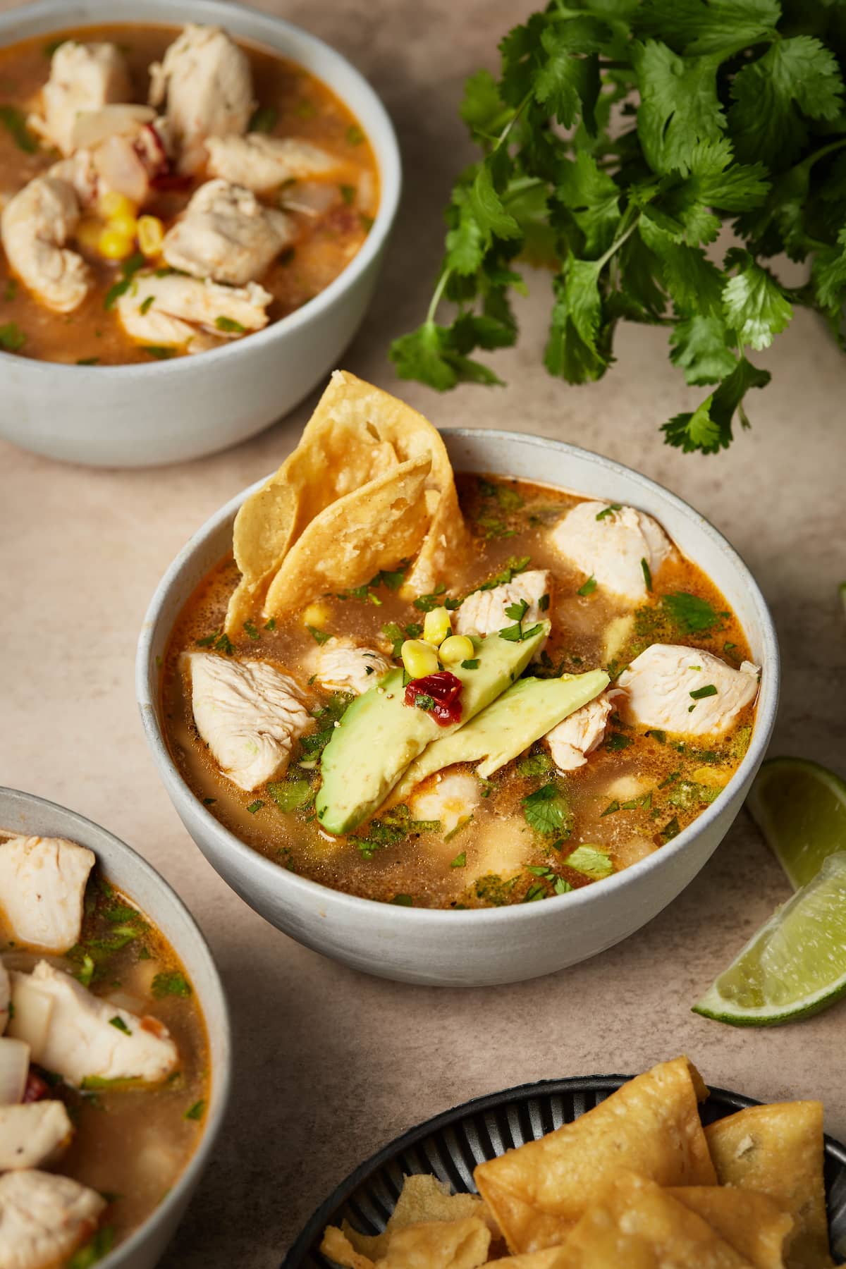 A bowl of Mexican chipotle lime chicken soup garnished with tortilla chips and avocado.