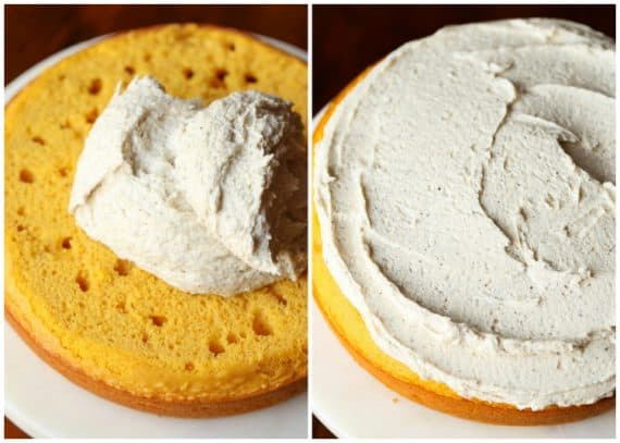 Assembling pumpkin cake with frosting 