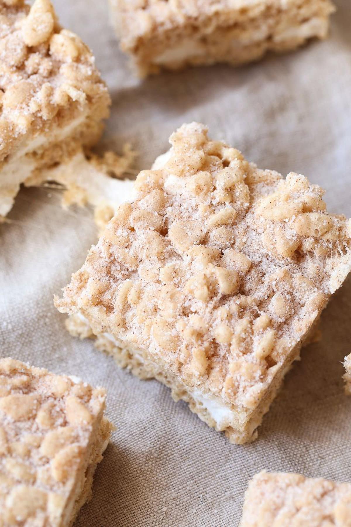 Snickerdoodle Rice Krispie Treats made with browned butter, extra marshmallows and cinnamon sugar. Made extra delicious with vanilla extract and a pinch of salt!