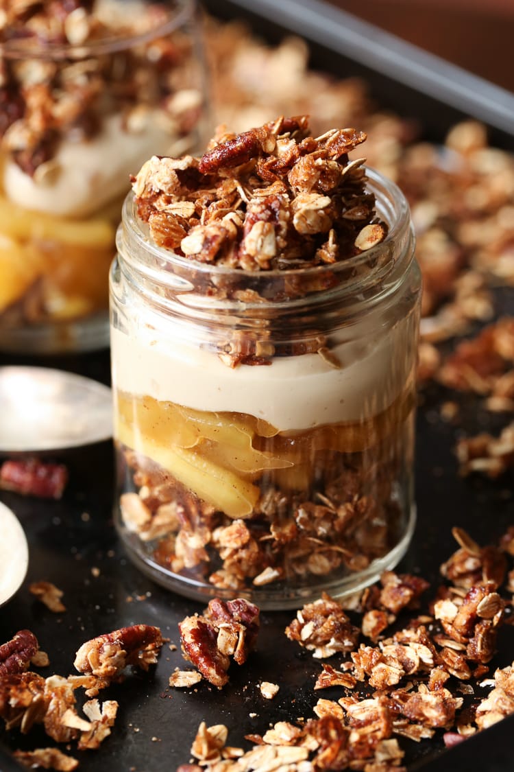 Individual Apple Crisp Trifles. This Trifle Includes a Crunchy Praline Crisp, Autumn Apples, and Brown Sugar Cream Cheese Filling.