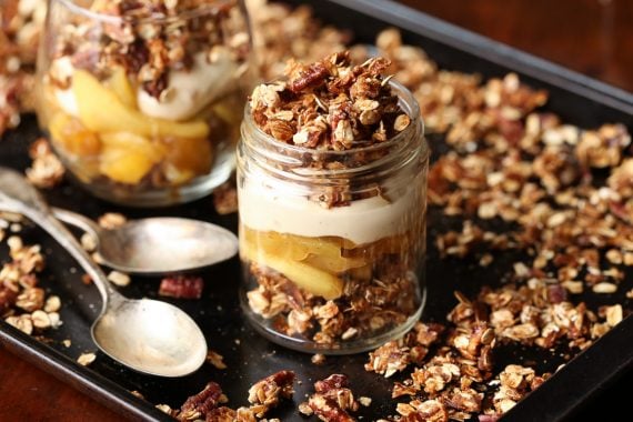 Individual APple Crisp Trifles. Perfect for a fall gathering, with crunchy praline crisp, brown sugar cream cheese filling and sautéed apples. All the elements can be prepared days in advance, which make it as easy as it is delicious!