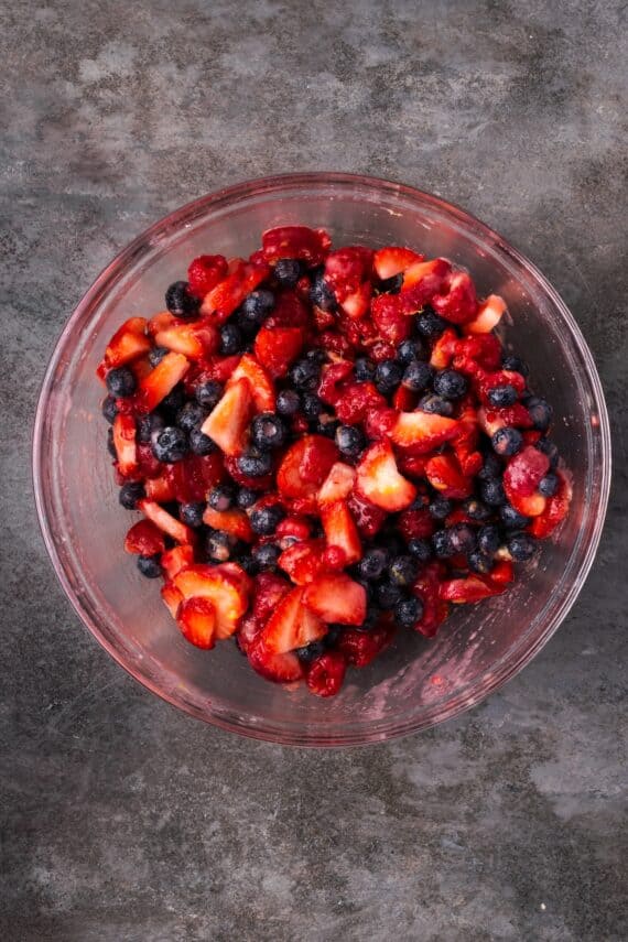 Berry filling in a glass bowl.