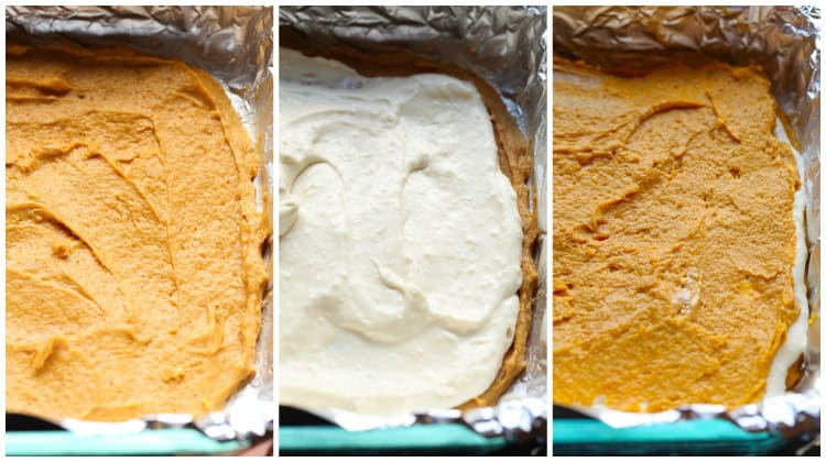 Three side by side images: a picture of pumpkin cake batter spread in a baking dish; a picture of cheesecake filling spread over the batter; and a picture of more cake batter spread over the cheesecake.