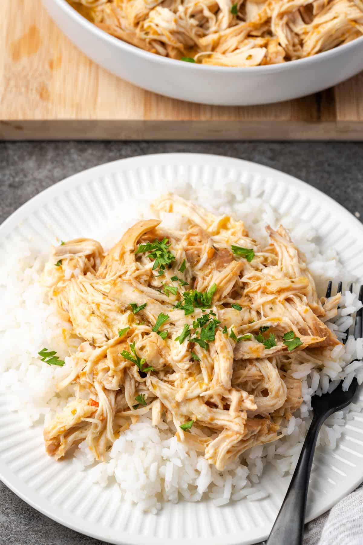 Pot of Italian chicken on rice on plate with fork.