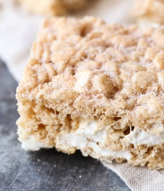Snickerdoodle Rice Krispie Treats made with browned butter, extra marshmallows and cinnamon sugar. Made extra delicious with vanilla extract and a pinch of salt!