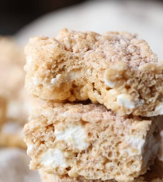 Snickerdoodle Rice Krispie Treats made with browned butter, extra marshmallows and cinnamon sugar. Made extra delicious with vanilla extract and a pinch of salt!