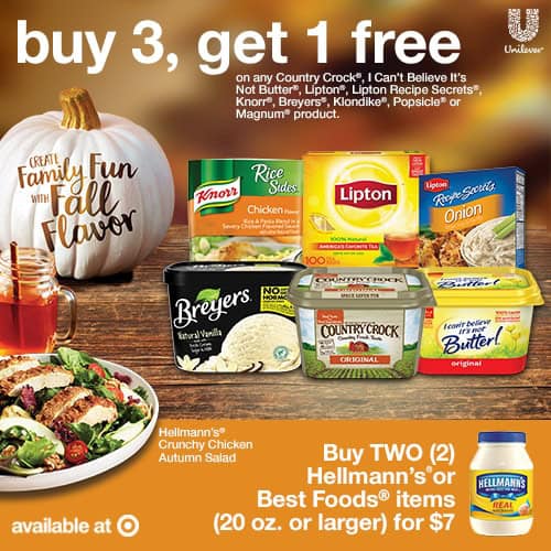 A promotional image for Target and Hellmann's Crunchy Chicken Autumn Salad featuring Lipton Tea, Breyers Ice Cream and more beloved brands