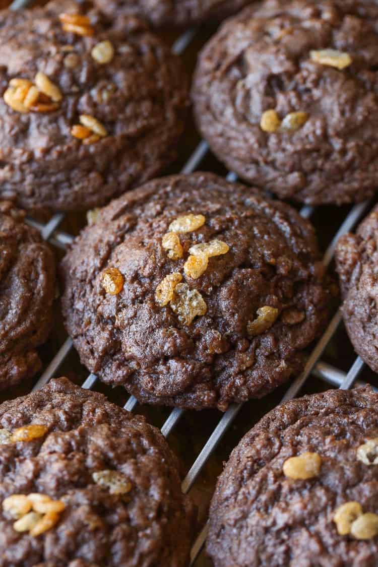 A Metal Cooling Rack Full of Freshly Baked Chocolate Crunch Cookies
