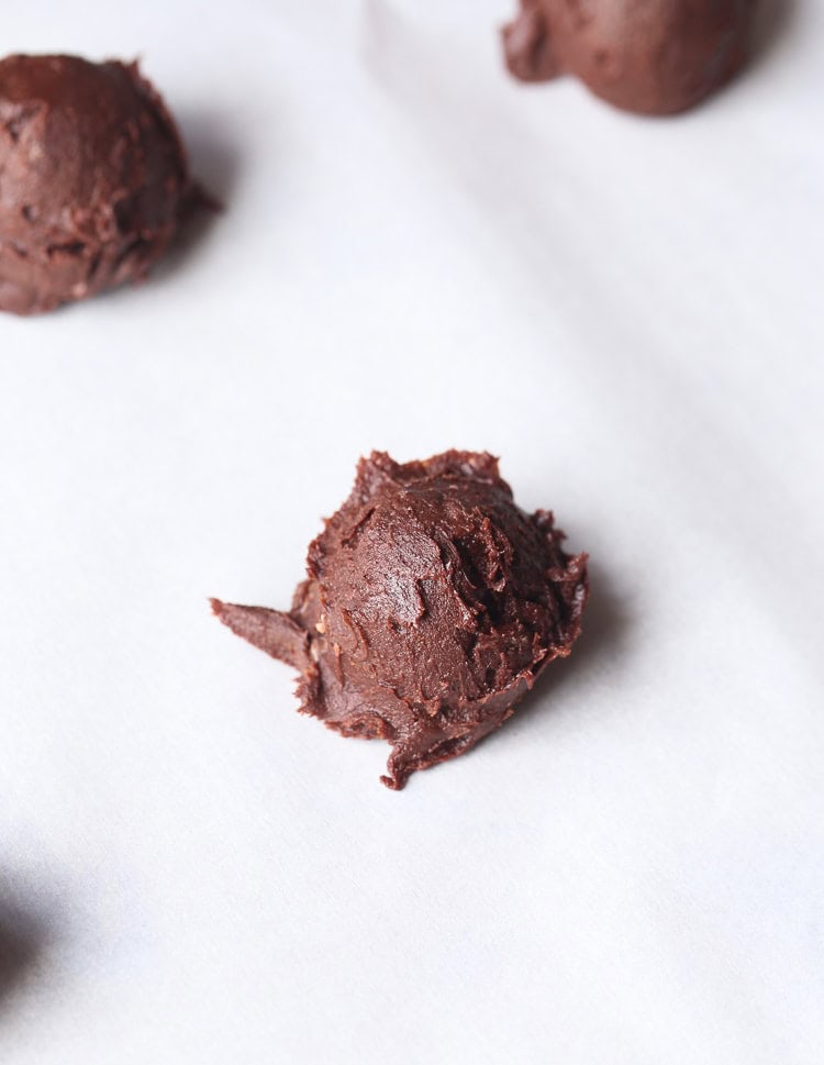 A Ball of Chocolate Truffle Cookie Dough on a Sheet of Parchment Paper