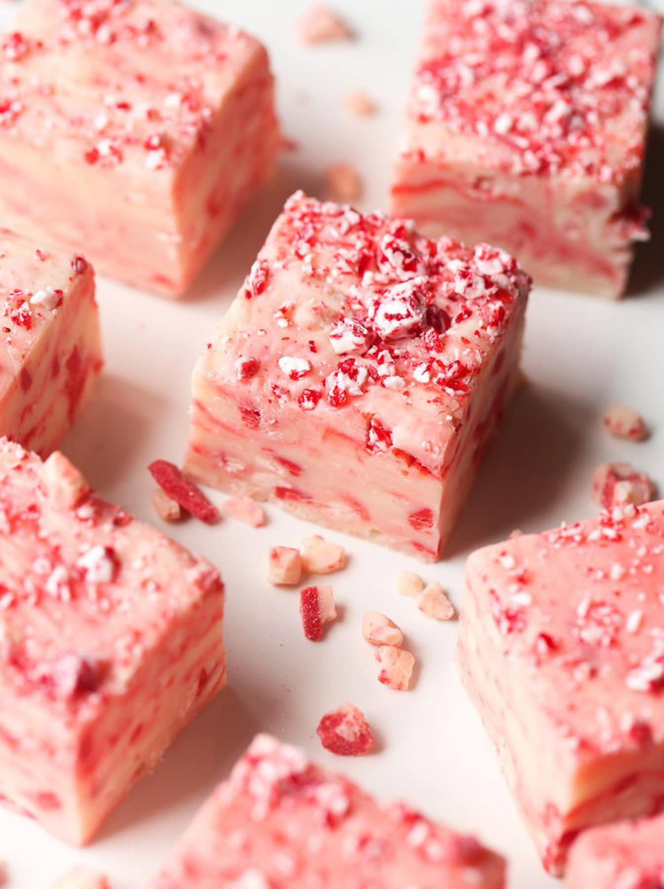 Candy cane fudge cubes laid out 