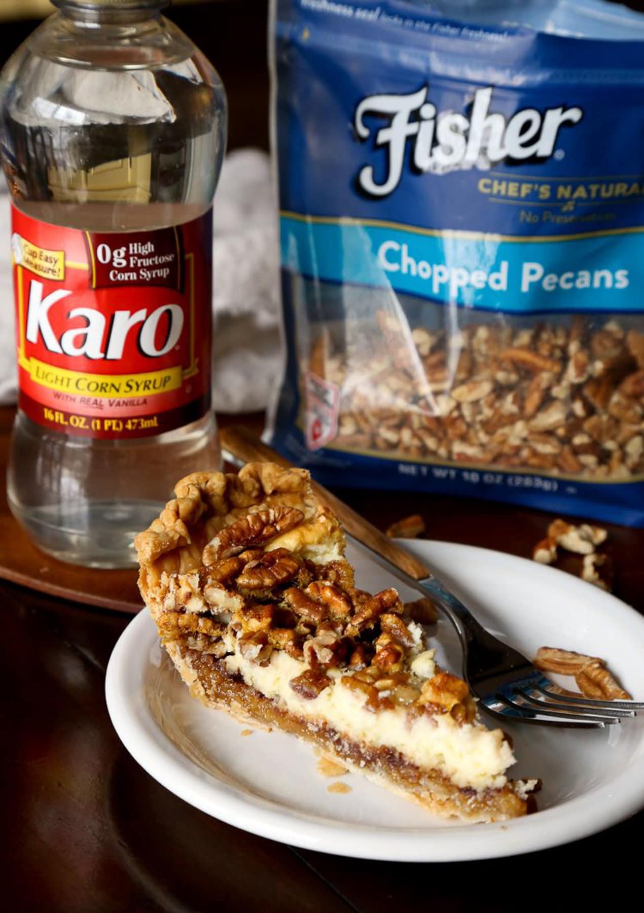 Karo corn syrup and pecans served with pie