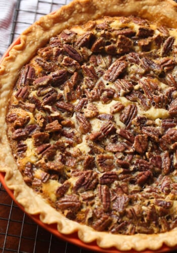 Toffee Pecan pie baked and on a wire rack