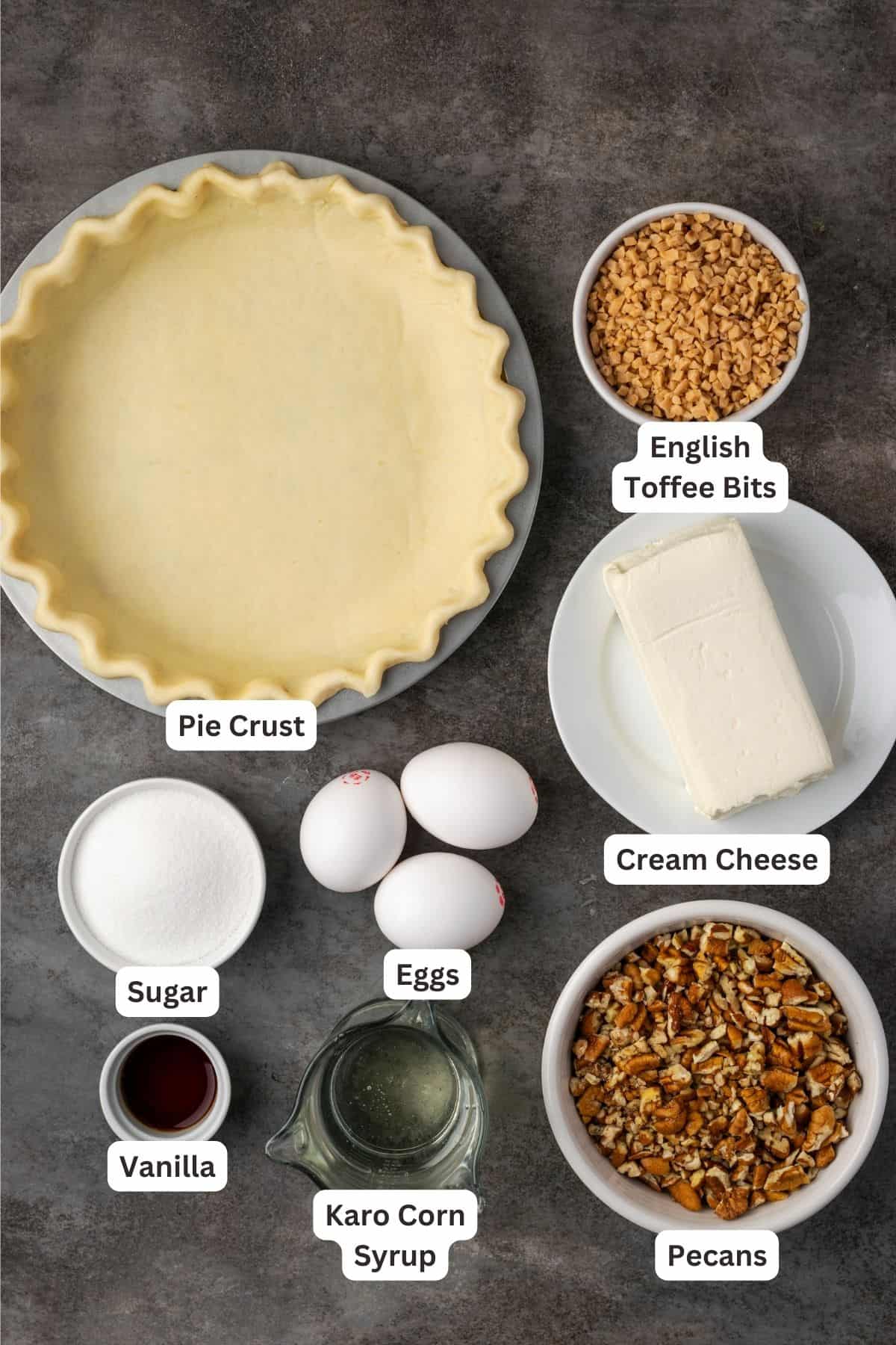 Ingredients for English toffee cheesecake pecan pie with text labels overlaying each ingredient.