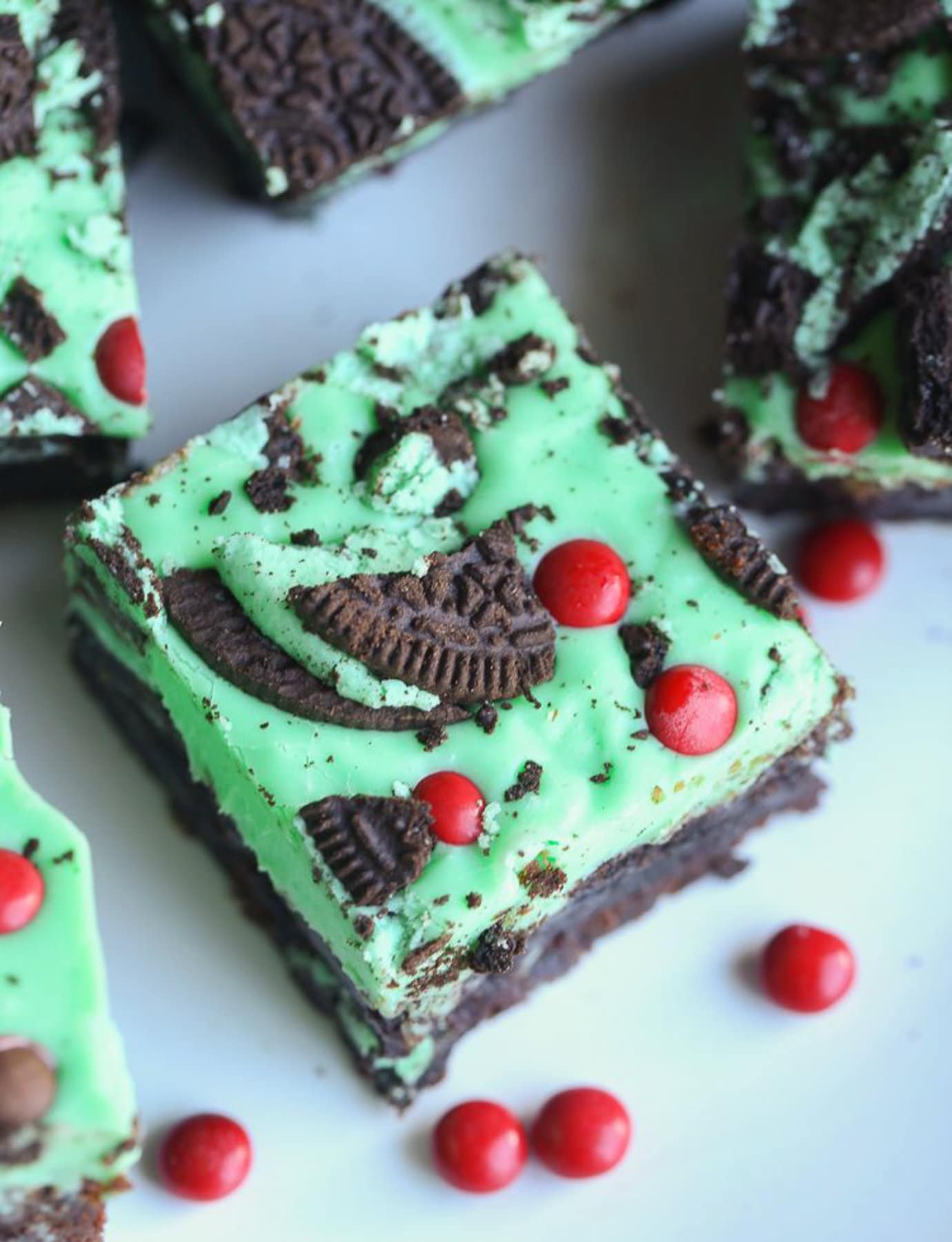 Grinch brownies served with m&m's