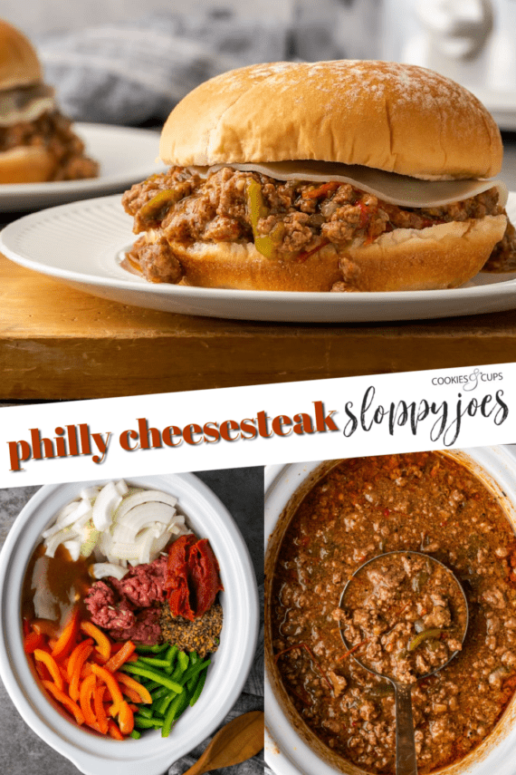 Pinterest title image for Crock Pot Philly Cheesesteak Sloppy Joes.