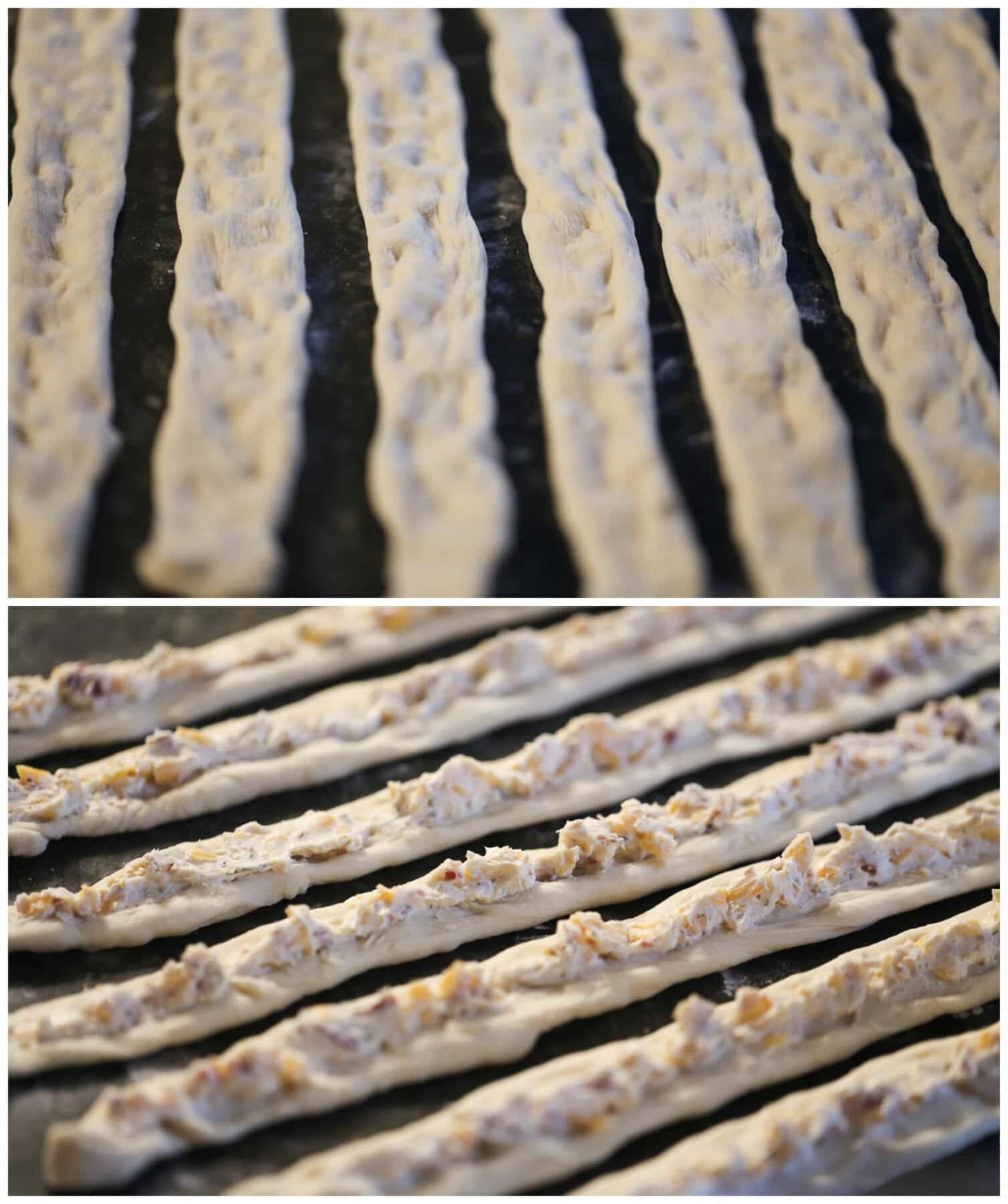 Rows of rolled out pretzel dough ropes are filled with cream cheese and bacon filling.