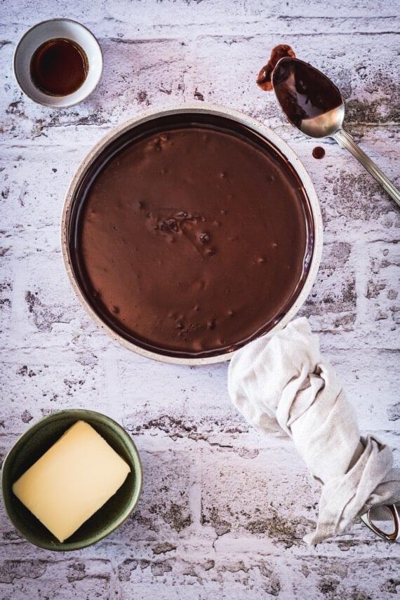 Base for chocolate pudding in a sauce pan.