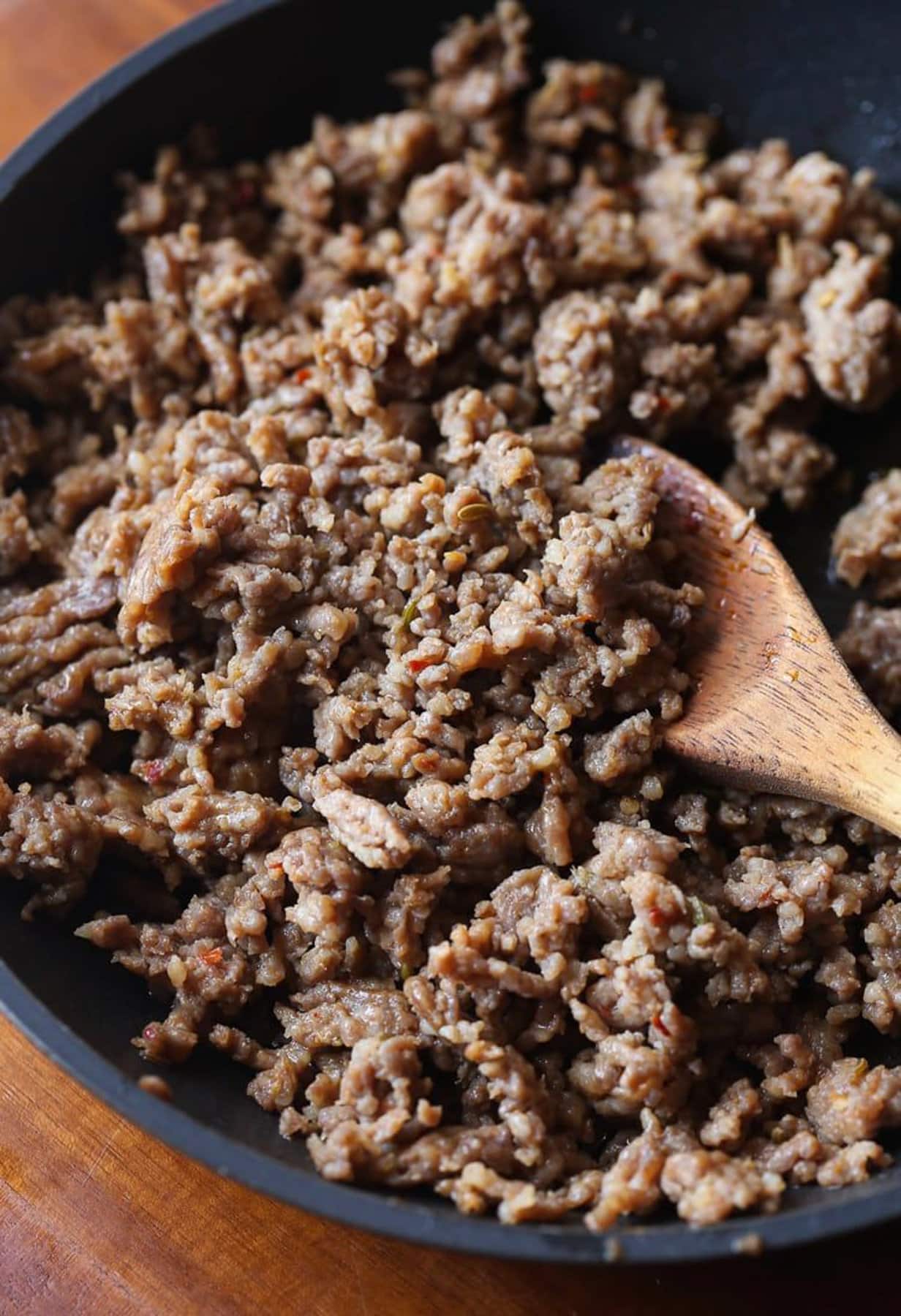 ground sausage in a pan 