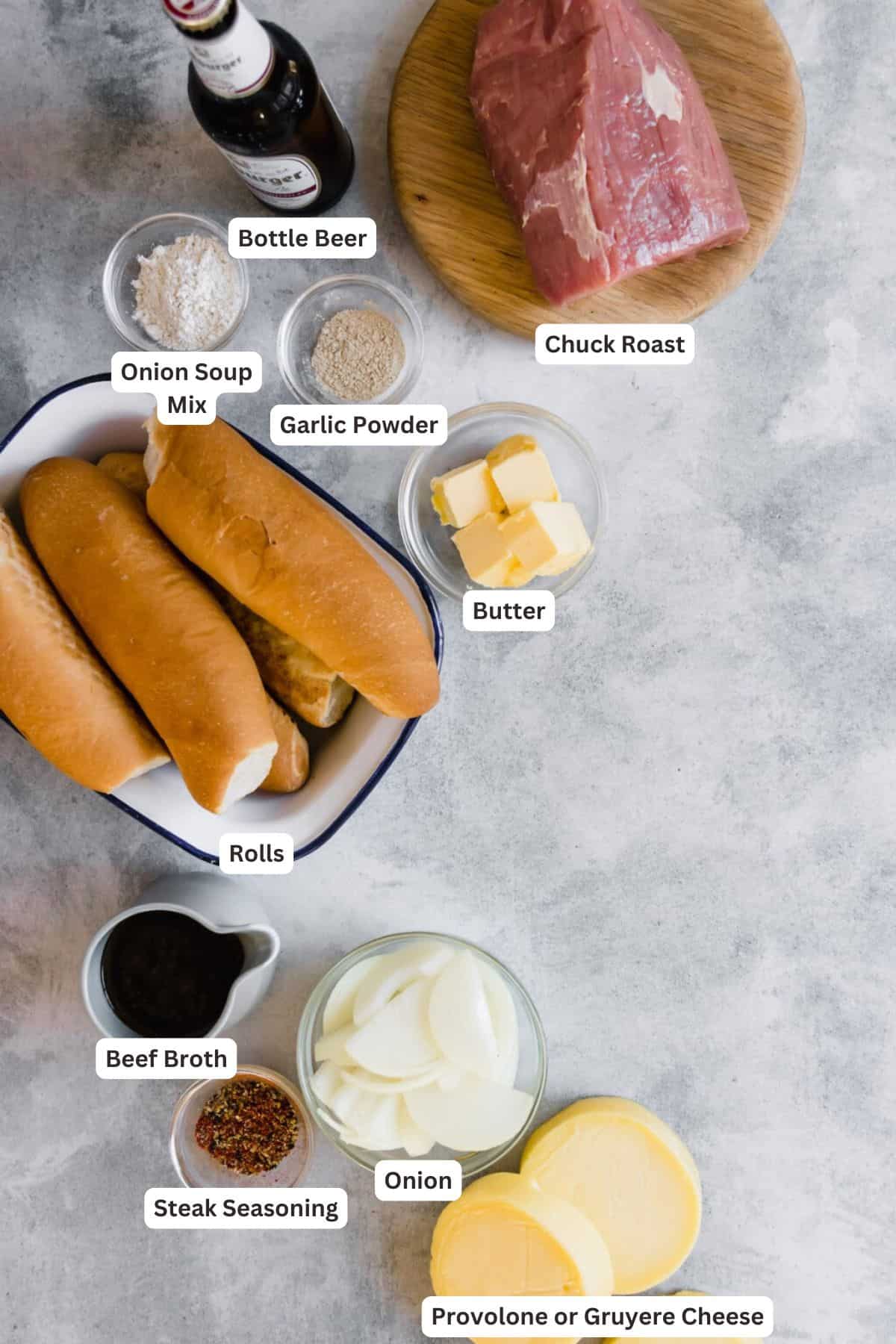 Ingredients for Slow Cooker French Dip Sandwiches.