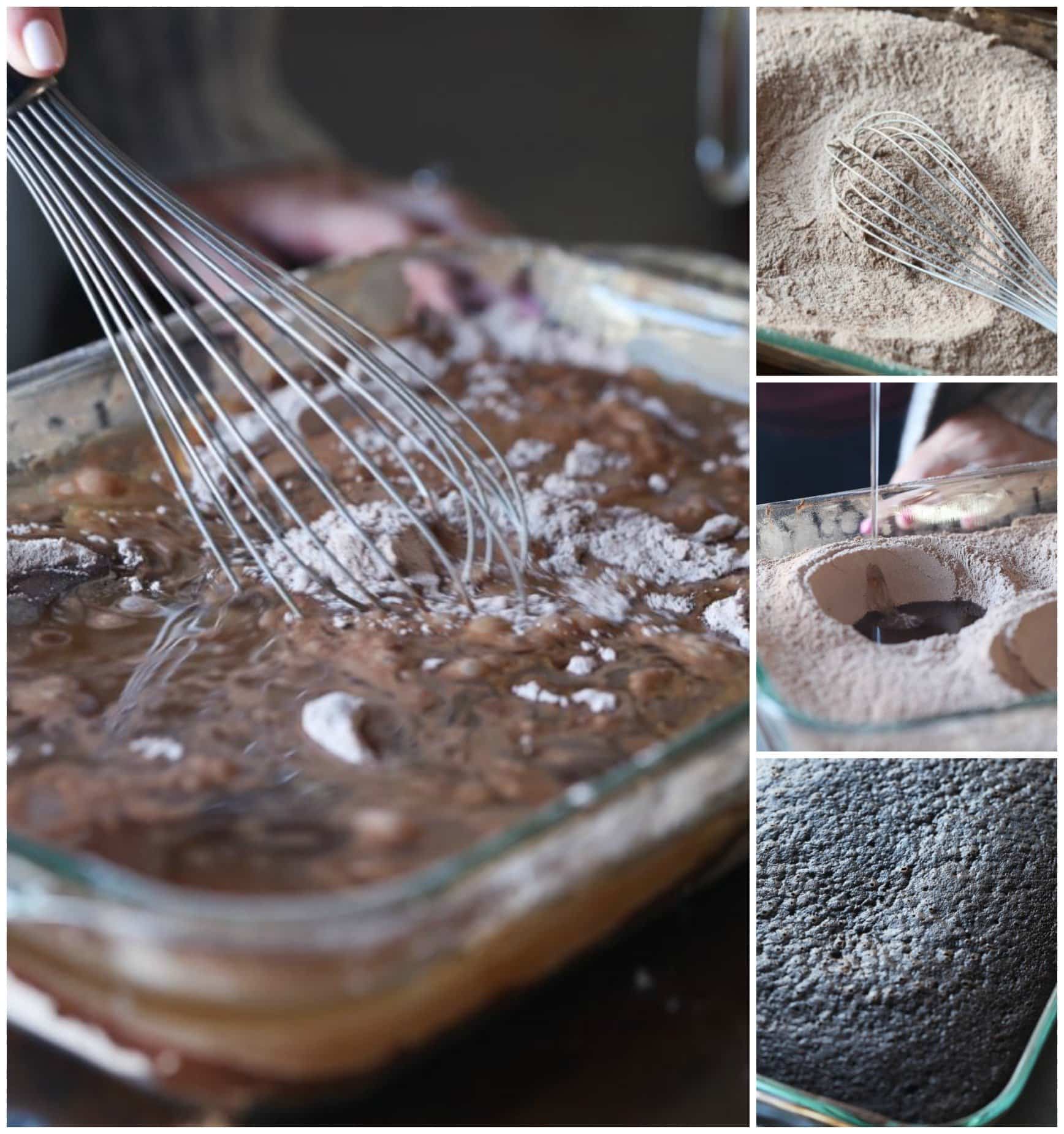 Wacky Cake chocolate batter being mixed in a 9x13 pan.