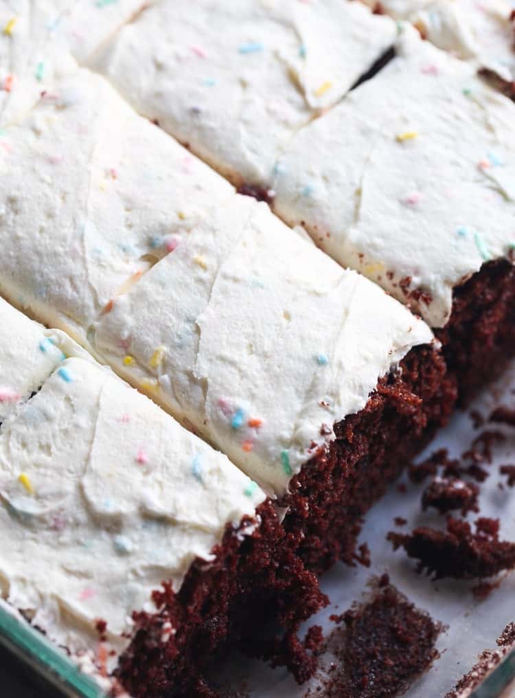 Frosted Wacky Cake in a pan.