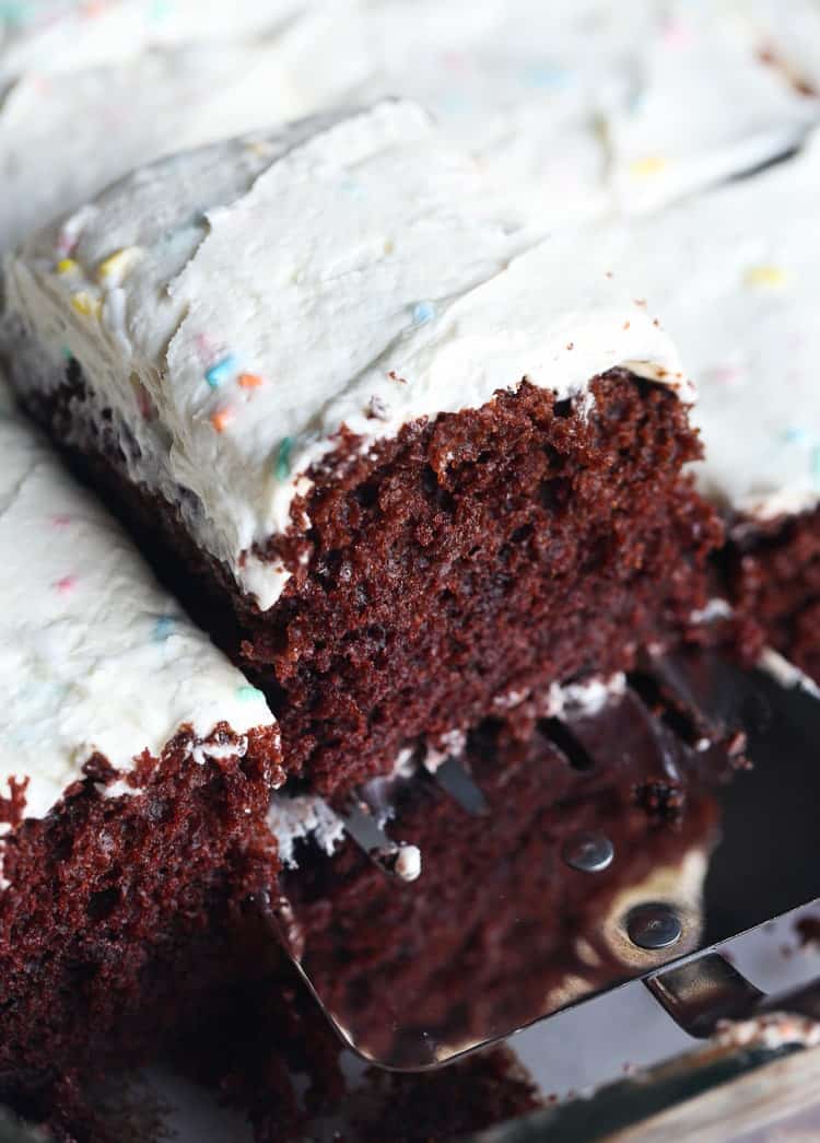 A slice of chocolate Wacky Cake being served.