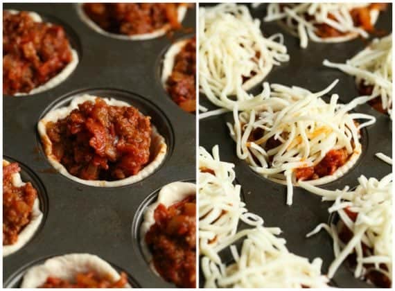 pizza muffins before going into the oven topped with cheese collage