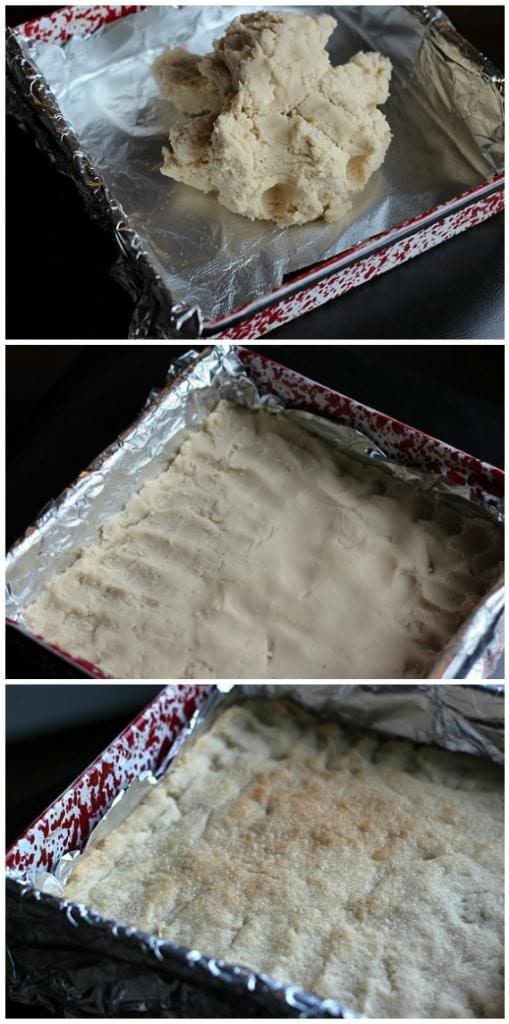 A collage of the steps of spreading shortbread crust into a pan
