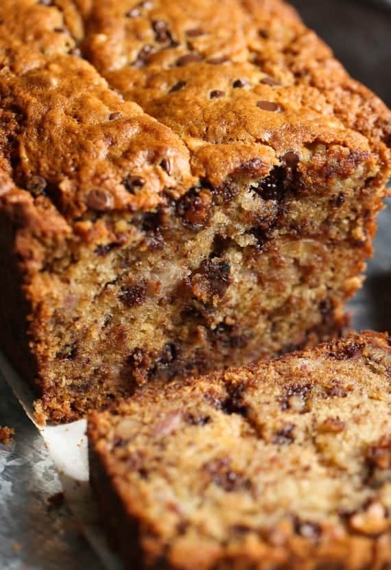 Close up of a sliced loaf of banana bread