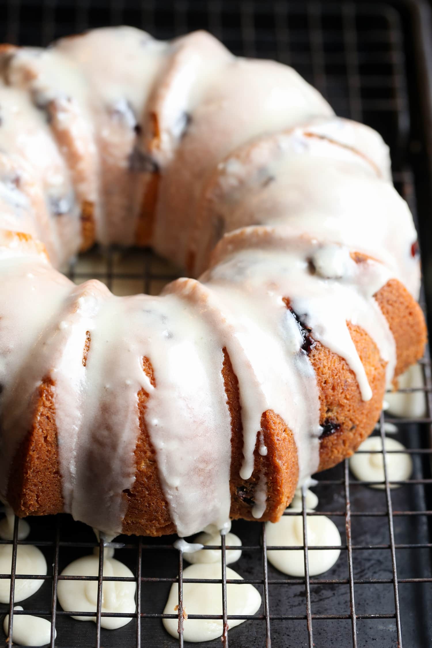 Blueberry bundt cake with vanilla icing drizzled on top.