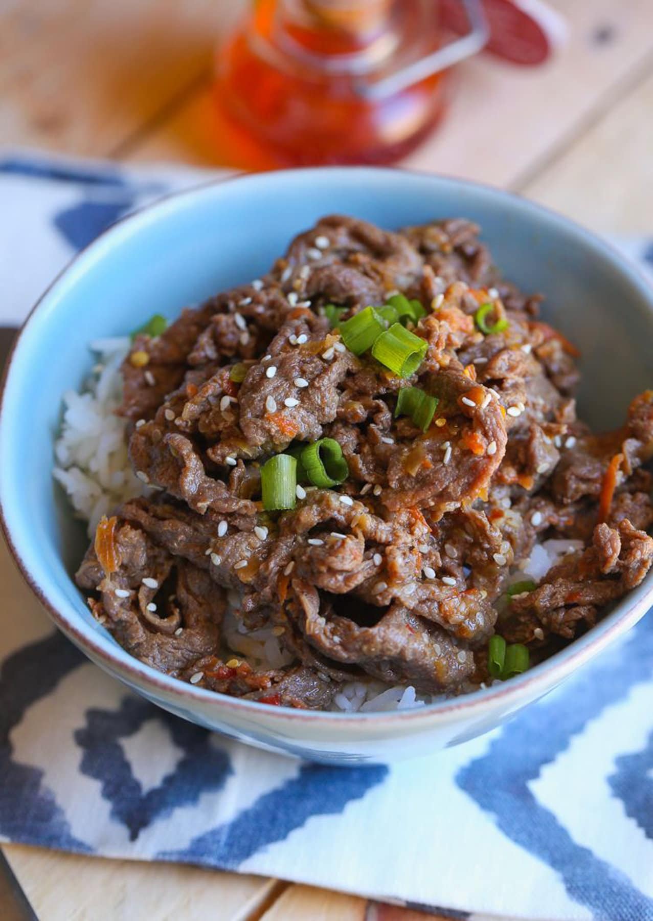 Spicy meat laid on a bed of rice