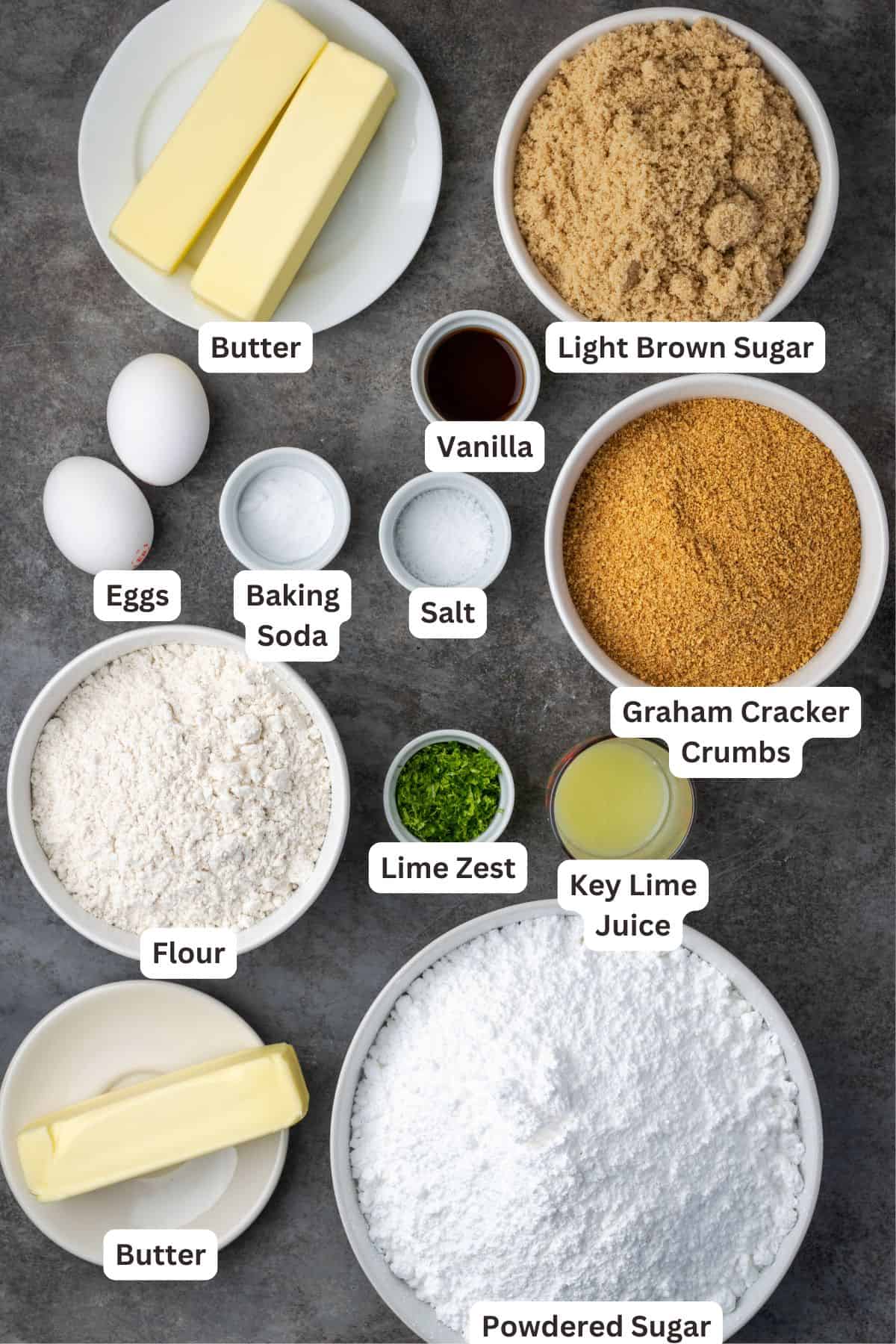 Ingredients for key lime sandwich cookies with text labels overlaying each ingredient.