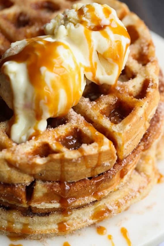 Churro Waffles made with Rapid Rise yeast! These are out of control...you can make the batter the night before and be ready to have waffles in the morning!