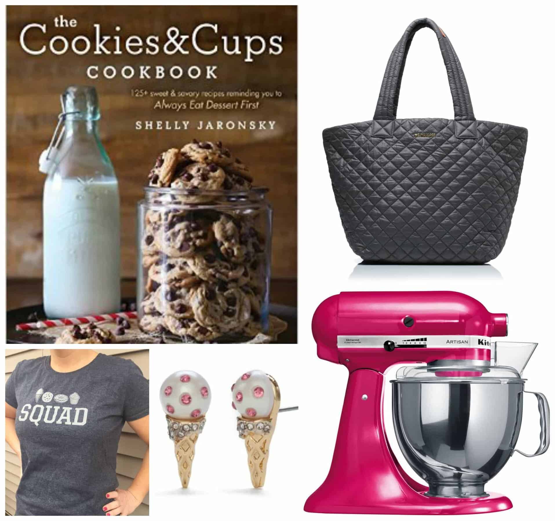 A Collage of Images of my Cookbook, a Purse, a Blender, a T-Shirt and a Pair of Ice Cream Cone Earrings