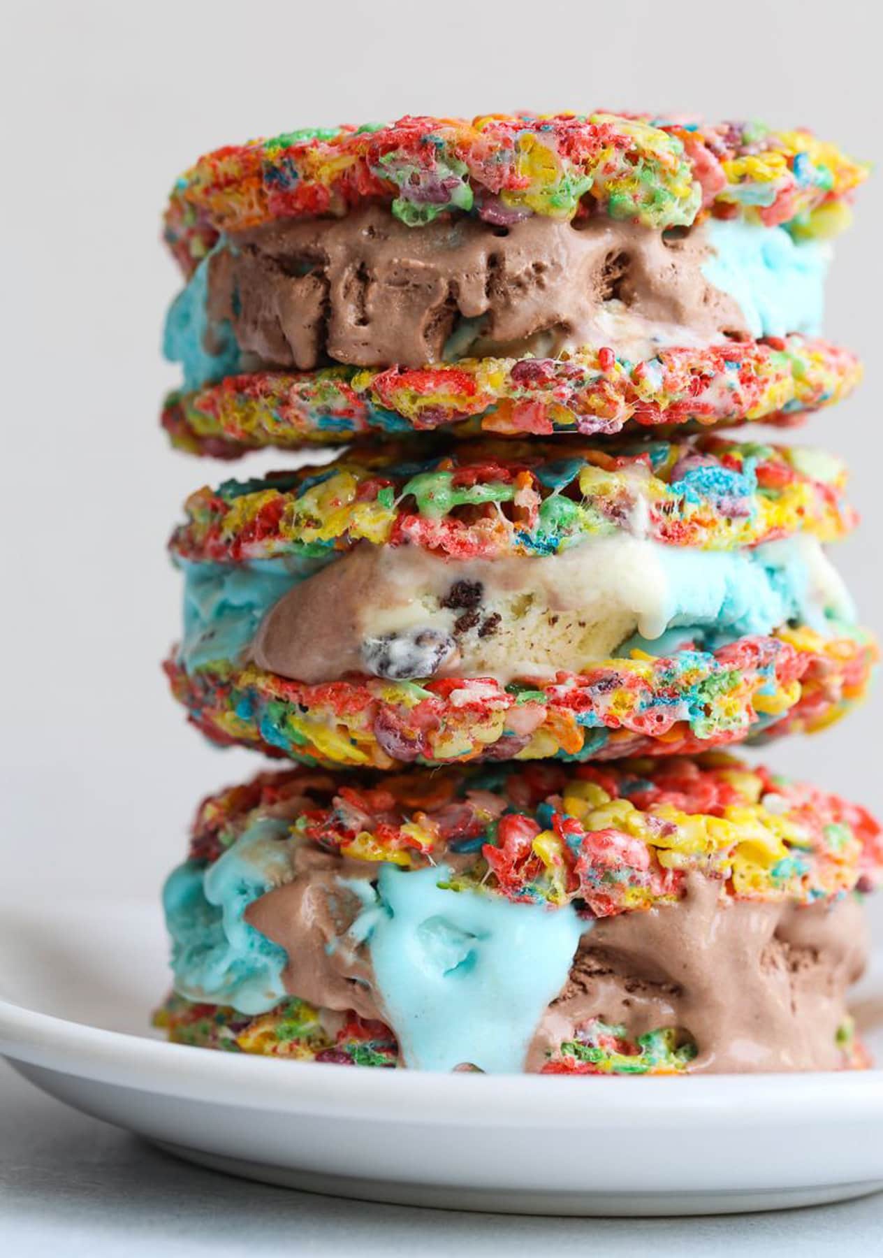 fruity pebble ice cream krispie treats stacked