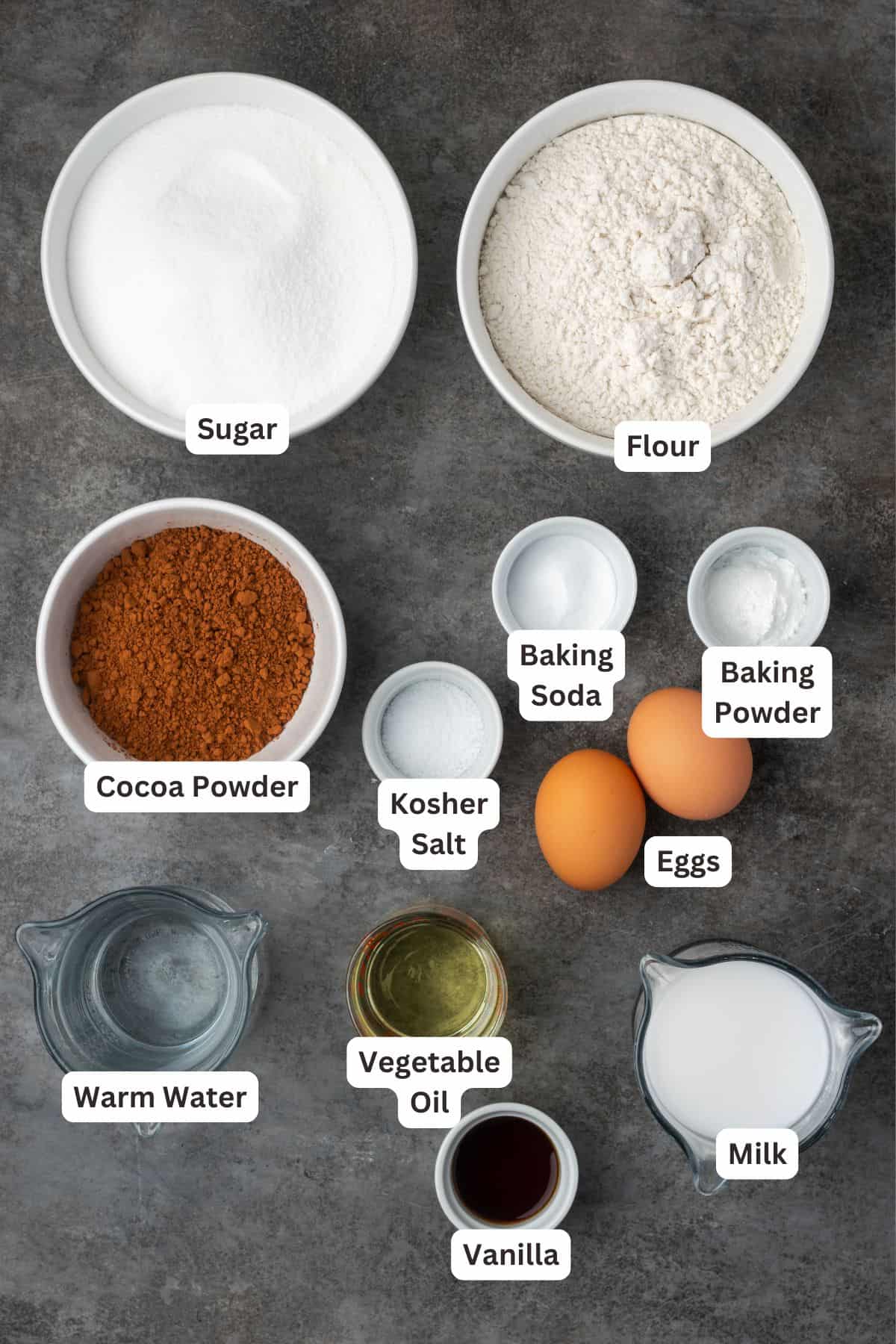 Reese's chocolate cake ingredients with text labels overlaying each ingredient.