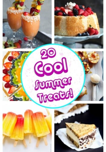 Top Right: Frozen Sangria, Top Left: Angel Food Cake, Middle Right: Fruit Pizza, Middle Left: Grilled Peaches, Bottom Right: Tropical Tequila Sunrise Popsicles, Bottom Left: Chipwich Ice Cream Cake
