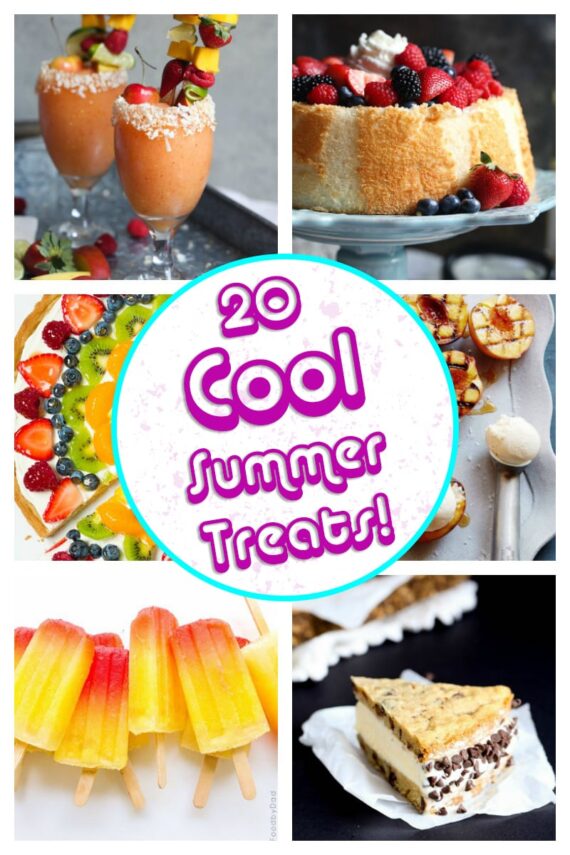 Top Right: Frozen Sangria, Top Left: Angel Food Cake, Middle Right: Fruit Pizza, Middle Left: Grilled Peaches, Bottom Right: Tropical Tequila Sunrise Popsicles, Bottom Left: Chipwich Ice Cream Cake