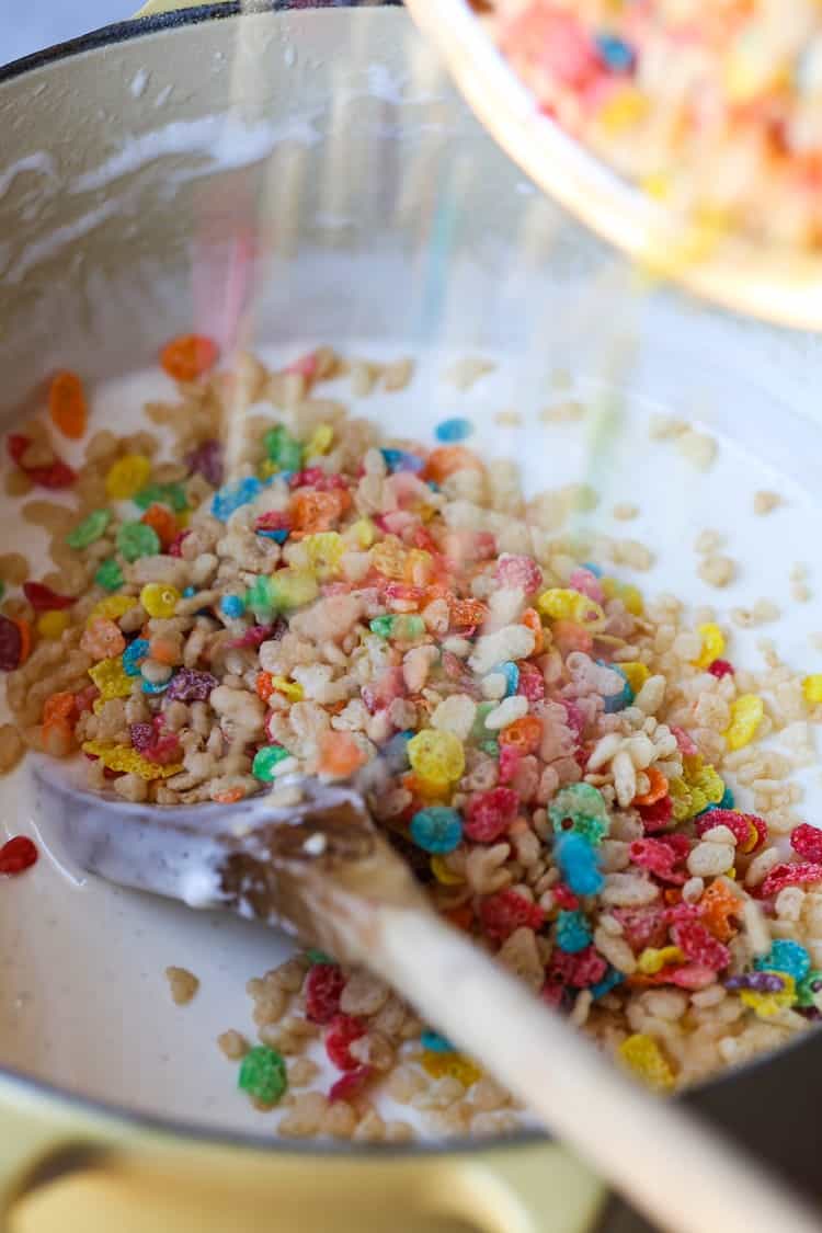 My most favorite krispie treat recipe includes the perfect amount of marshmallow and fruity pebbles! This are my most requested sweet treat at parties!