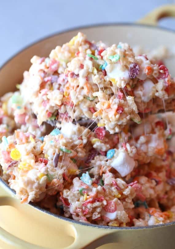 My most favorite krispie treat recipe includes the perfect amount of marshmallow and fruity pebbles! This are my most requested sweet treat at parties!