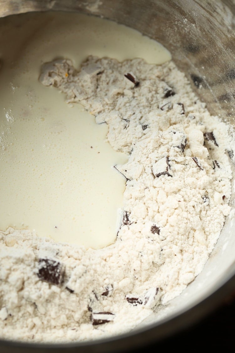 A Bowl of the Combined Dry Ingredients for Orange Scones with Heavy Cream Added