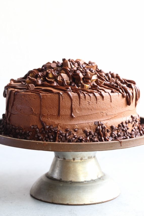 Insane Peanut Butter Cup Cake! A fudgy chocolate cake with creamy peanut butter filling and a rich chocolate frosting. Topped with tons of peanut butter cups and melted chocolate!