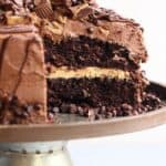 Insane Peanut Butter Cup Cake! A fudgy chocolate cake with creamy peanut butter filling and a rich chocolate frosting. Topped with tons of peanut butter cups and melted chocolate!
