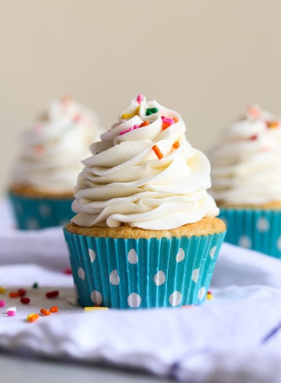 Vanilla cupcake topped with vanilla buttercream frosting