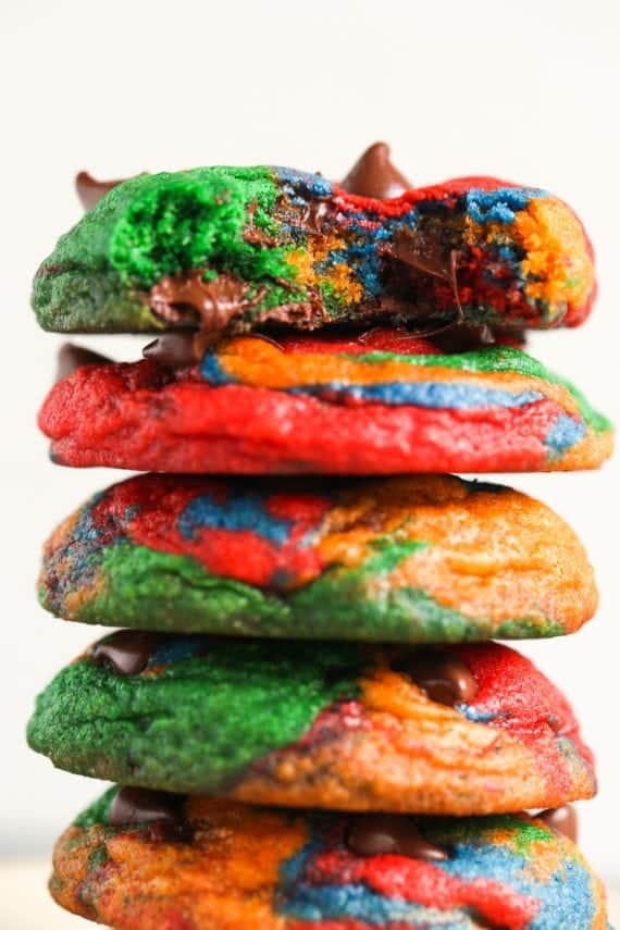 Rainbow Chocolate Chip Cookies are thick and delicious rainbow cookies