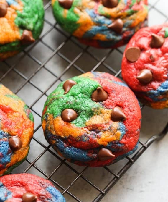 Rainbow Chocolate Chip Cookies are rainbow cookies that are soft chocolate chip cookies 