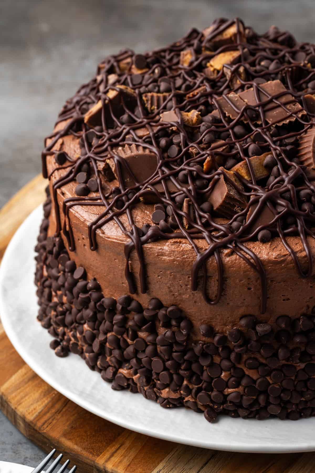 A frosted Reese's cake topped with chocolate ganache drizzled over a garnish of peanut butter cups.